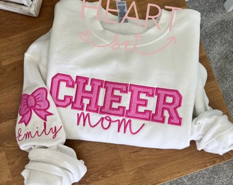 Personalized Embroidered Cheer Mom Sweatshirt | Custom Team Crewneck | Cheer Mom Bow Shirt | with Kids Name on Sleeve | Cheerleading Shirt
