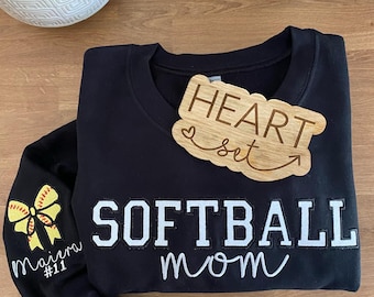 Personalized Embroidered Softball Mom Sweatshirt | Custom Team Crewneck | Softball Bow Shirt | with Kids Name on Sleeve | Softball Shirt