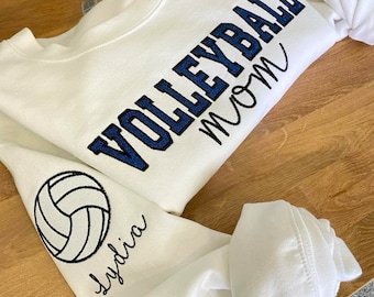 Personalized Embroidered Volleyball Mom Sweatshirt | Custom Team Crewneck | Volleyball Shirt | with Kids Name on Sleeve | Volleyball Mom