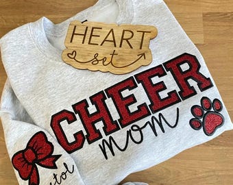 Personalized Embroidered Cheer Mom Sweatshirt | Custom Team Crewneck | Cheer Mom Paw Shirt | with Kids Name on Sleeve | Cheerleading Shirt