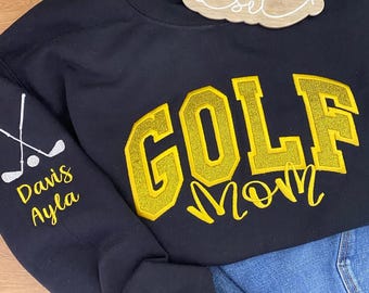Personalized Embroidered Golf Mom Sweatshirt | Custom Team Crewneck | Golf Mom Bow Shirt | with Kids Name on Sleeve | Golf Shirt
