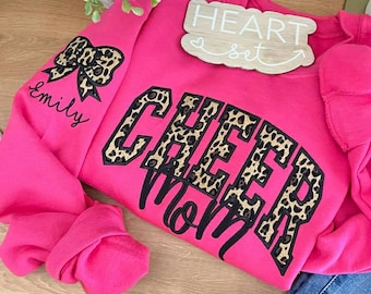 Personalized Embroidered Cheer Mom Sweatshirt | Custom Team Crewneck | Cheer Mom Bow Shirt | with Kids Name on Sleeve | Cheerleading Shirt