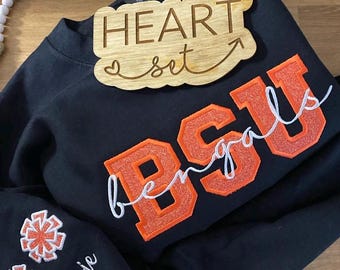 Personalized Embroidered Cheer Mom Sweatshirt | Custom Team Crewneck | Cheer Mom Pom Pom Shirt | Kids Name on Sleeve | Cheerleading Shirt