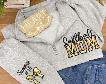 Softball Mom Quarter Zip Pullover | Personalized Spirit Wear | Game Day Sweatshirt | Team Colors Glitter Zip | Softball mom Custom Sleeve