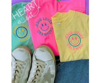 Neon Embroidered Happy Face Shirt | Comfort Colors | Custom Name Smile Shirt | Custom Kids Jesus Loves Shirt | Christian Smiley Face Tee