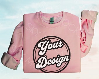 Light Pink Gildan 18000 Sweatshirt, Gildan 18000 Light Pink Sweatshirt Mockup, Light Pink Crewneck, Gildan 1800, Sky Background Mockup