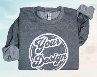 Dark Heather Gildan 18000 Sweatshirt, Gildan 18000 Dark Heather Sweatshirt Mockup, Dark Heather Crewneck, Gildan 1800, Sky Background Mockup