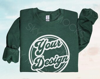 Forest Green Gildan 18000 Sweatshirt, Gildan 18000 Forest Green Sweatshirt Mockup, Forest Green Crewneck, Gildan 1800, Sky Background Mockup
