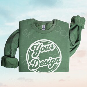 Military Green Gildan 18000 Sweatshirt, Gildan 18000 Military Green Sweatshirt Mockup, Military Green Crewneck, Sky Background Mockup