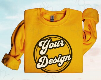 Gold Gildan 18000 Sweatshirt, Gildan 18000 Gold Sweatshirt Mockup, Gold Crewneck, Gildan 1800, Sky Background Mockup