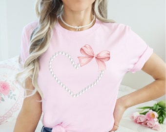 Pearl Heart with Pink Bow, Coquette Top, Coquette Shirt, Coquette Clothes