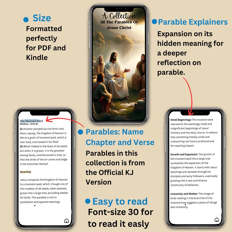 May include: A collection of Jesus Christ's parables in a digital book format. The book cover features a painting of Jesus with two disciples. The book is formatted for easy reading on a Kindle or PDF.