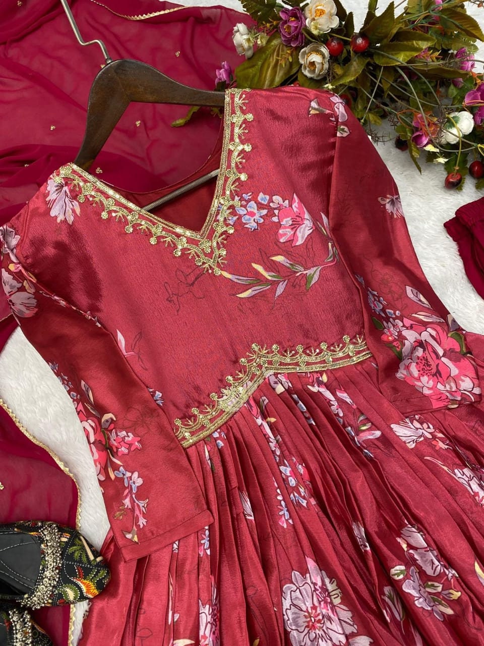Red Floral Gown With Trousers and a Dupatta, Featuring a Flare and Made ...