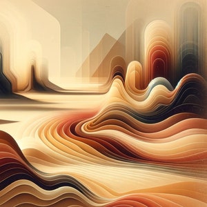 May include: Abstract digital art depicting a landscape with layered, undulating waves in shades of brown, beige, and cream. The waves create a sense of depth and movement, resembling a desert scene.