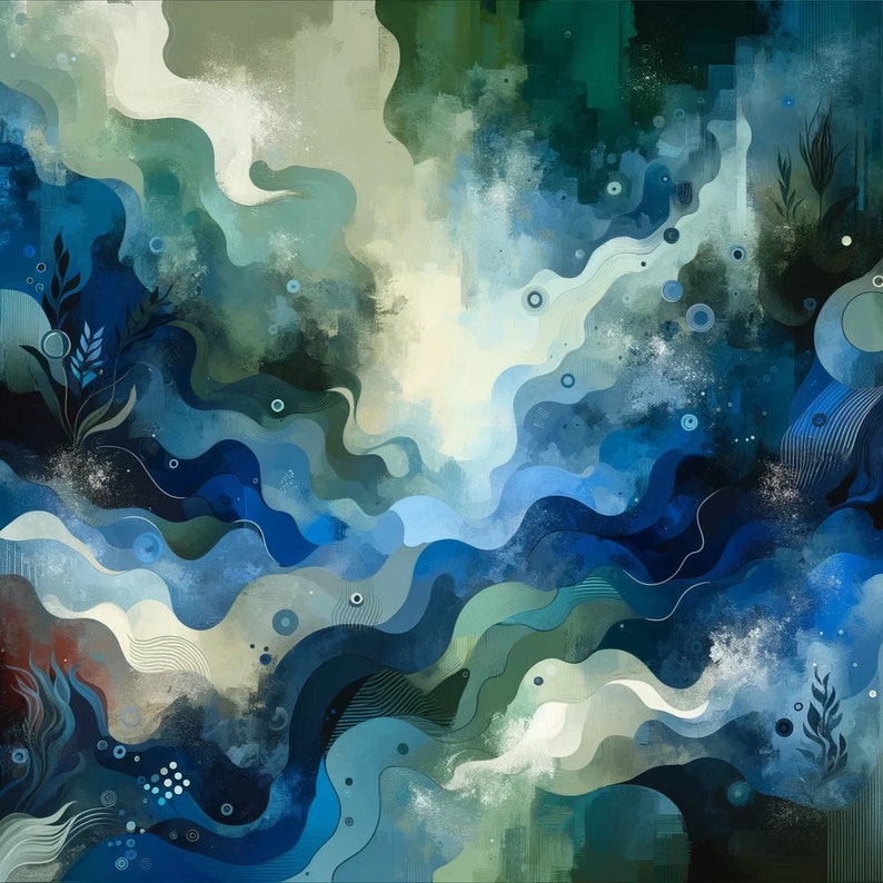 May include: Abstract digital art painting with a blue, green, and white color scheme. The painting features swirling, organic shapes and textures, creating a sense of depth and movement.