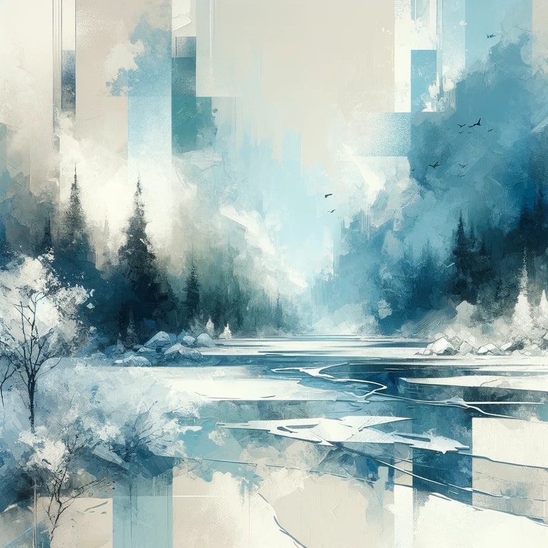 May include: A watercolor painting of a winter landscape with a frozen lake and trees in the background. The sky is a light blue and the water is a light blue with a hint of green. The trees are a dark blue and the ground is a light brown.