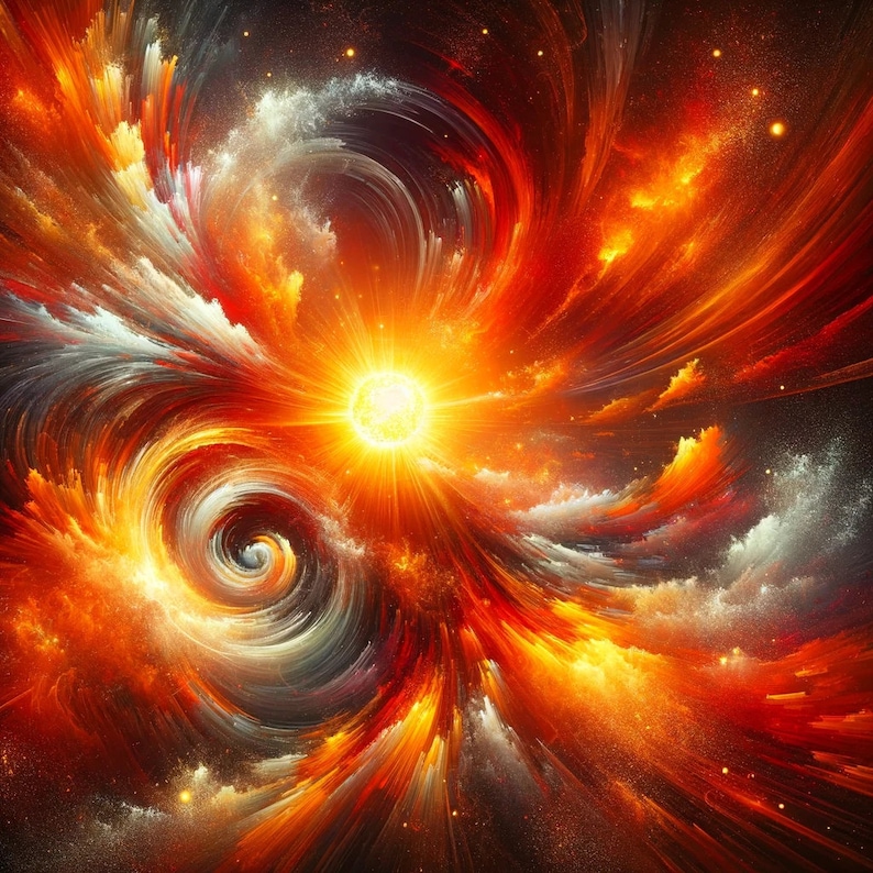 May include: Abstract digital art featuring a swirling vortex of orange, red, and yellow hues, resembling a fiery explosion in space. The center of the vortex is a bright, white star.