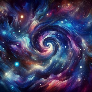 May include: A swirling galaxy of blue, purple, and pink hues with a central spiral. The galaxy is filled with white stars and a few larger, brighter stars.