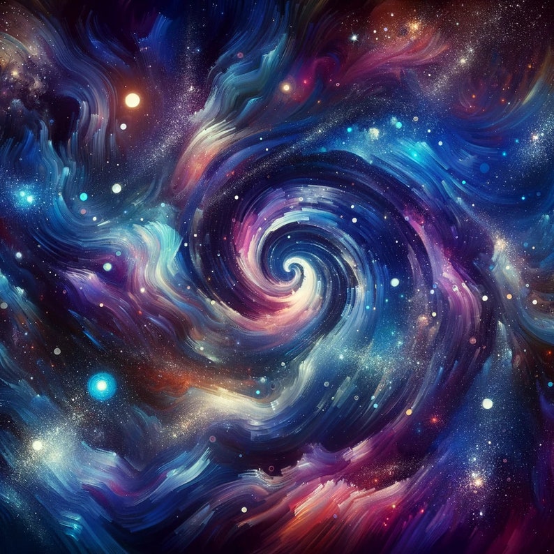 May include: A swirling galaxy of blue, purple, and pink hues with a central spiral. The galaxy is filled with white stars and a few larger, brighter stars.