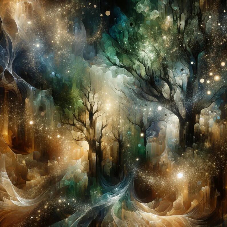 May include: A digital painting of a forest scene with trees and a starry sky. The trees are silhouetted against a background of swirling clouds and stars. The colors are muted and dreamy, creating a sense of mystery and wonder.