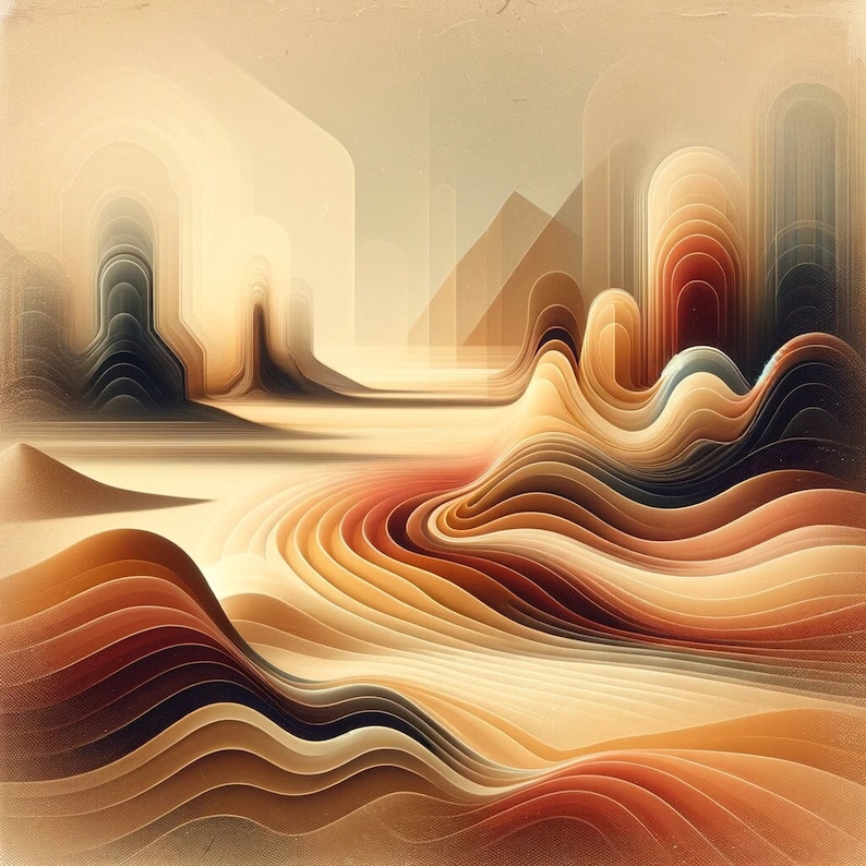 May include: Abstract digital art depicting a landscape with layered, undulating waves in shades of brown, beige, and cream. The waves create a sense of depth and movement, resembling a desert scene.