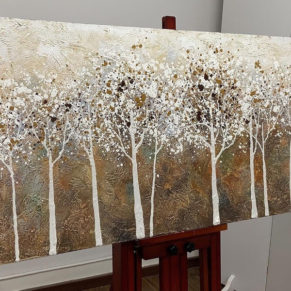 Abstract Birch Trees Canvas Wall Art, Original White and Gold Oil Painting on Canvas, Large Forest Wall Art for Living Room, Bedroom Decor