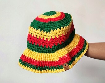 Crochet Ethiopian Flag Bucket Hat | Rasta Style Green Red Yellow Beanie Cap | Unisex Festival Reggae Hat | Handmade Habesha Knitwear