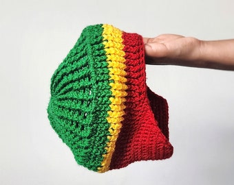Hand Knit Rasta Slouchy Hat: Ribbed Ethiopian Flag Crochet Cap