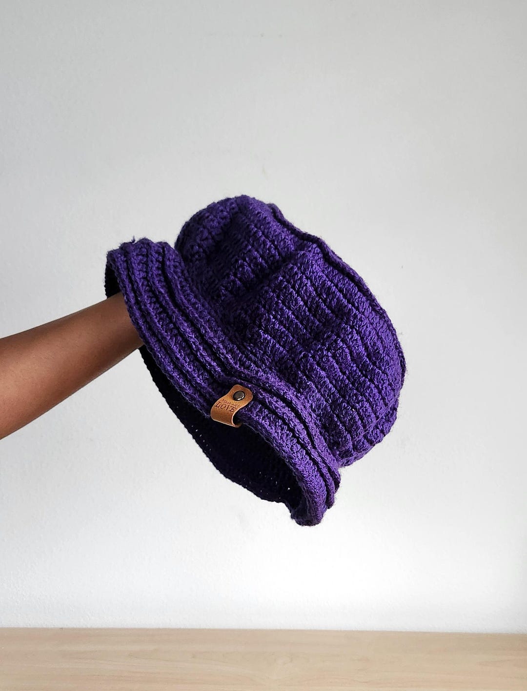 Handmade Blue & Purple Knit Bucket Hat with Ear Flaps Winter Wool Crochet Bucket Hat, Womens Cloche Bell Style  main image 4