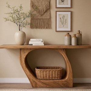 Puede incluir: Una consola de madera con un diseño curvo único. Una cesta tejida se encuentra en el espacio abierto debajo de la mesa. La mesa está adornada con un jarrón con vegetación, libros y botellas decorativas. La pared detrás de la mesa es beige.