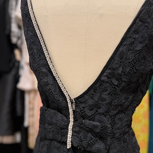 1960s Black Lace Gown: Vintage Elissa of California Rhinestone Bow Maxi Dress