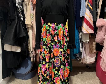 70s Floral Maxi Dress: Vintage Mr. "B" Black Flower Power Gown