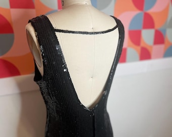 Vintage Laurence Kazar Black Sequin Evening Sheath Dress — Sleeveless Glam Cocktail Gown