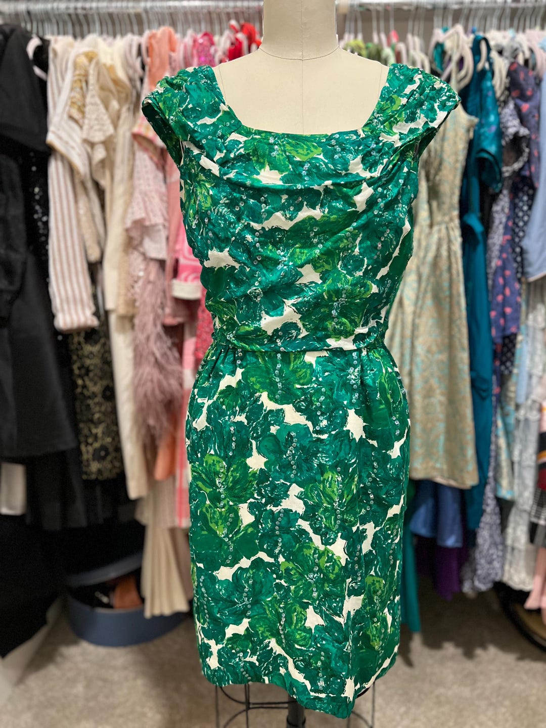 Vintage 50s Green Floral Dress Garden Party Full Skirt Cotton M