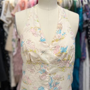 Vintage 1970s Handmade Halter Dress | Whimsical Children&#39;s Print Maxi Dress | Perfect Spring Dress