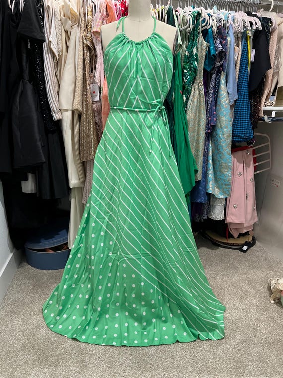 Vintage Green Halter Maxi Dress: Striped Polka Dot Summer Dress - Etsy New Zealand Vintage Green Halter Maxi Dress: Striped Polka Dot Summer Dress - Etsy New Zealand