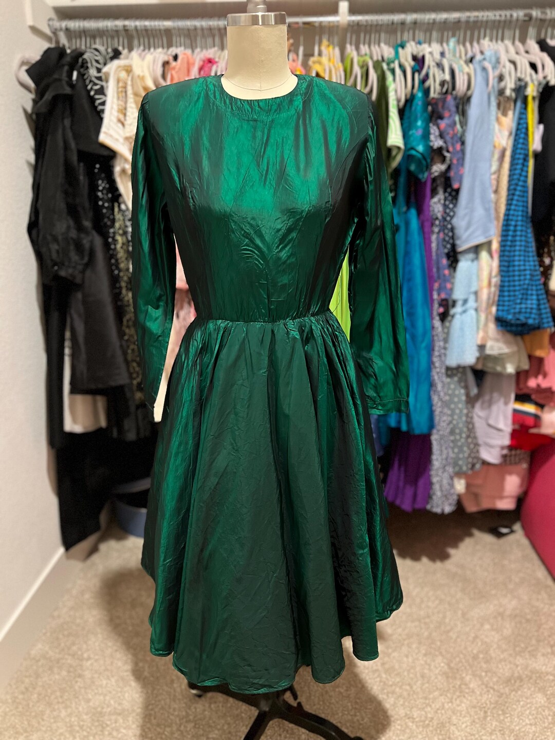 vintage emerald green satin gown prom dress Y7325