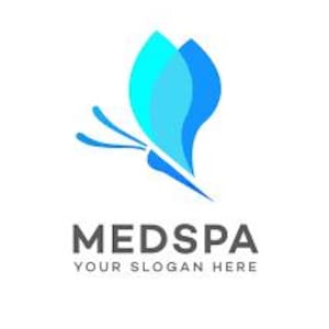 Könnte beinhalten: Ein Logo mit einem stilisierten Schmetterling in Blautönen. Das Schmetterlingsdesign besteht aus überlappenden Formen mit einem gebogenen Körper und flügelartigen Elementen. Unter dem Schmetterling steht der Text "MEDSPA" und "YOUR SLOGAN HERE" in einer serifenlosen Schrift.