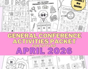 Peut inclure: Un ensemble de feuilles d'activités en noir et blanc pour enfants, comprenant des pages à colorier, un jeu de bingo et une liste de contrôle des orateurs. Le paquet est intitulé "General Conference Activities Packet for Littles, April 2026."