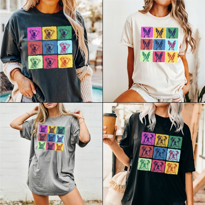 May include: Four different t-shirts with a pop art design featuring various dog breeds. The shirts are in black, gray, white, and dark gray.