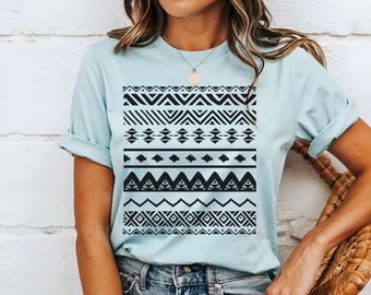 Camisa con diseño tribal, diseño tribal boho, camisa tribal vintage, camisa de rayas boho, rayas tribales