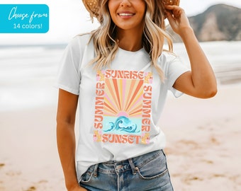 Solnedgångströja, Sommartröja, Sommartema-t-shirt, Soluppgång och solnedgångströja, Strandtema-tröja, Favorittröja, Bella & Canvas-tröja