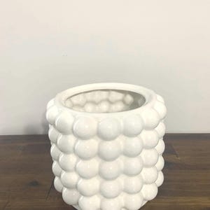 Puede incluir: Maceta de cerámica blanca con un diseño texturizado de burbujas. La maceta es cilíndrica y tiene un acabado blanco liso.