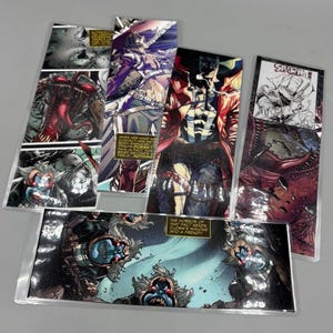 May include: A collection of comic book bookmarks featuring Spawn characters. The bookmarks display vibrant comic book panels with detailed illustrations and text bubbles. The color palette includes shades of red, blue, and black, with dynamic action scenes.