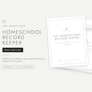 Op de afbeelding: Een set printbare, ongedateerde homeschool-registratiepagina's voor Ohio. De voorpagina bevat de tekst Finn Archer Paper, The Homeschool Record Keeper en Ohio Edition. Aanvullende pagina's tonen logboeken voor aanwezigheid en uren.