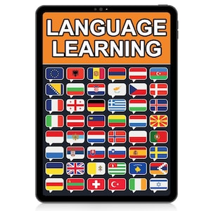 Op de afbeelding: Een tabletcomputerscherm met de tekst "LANGUAGE LEARNING" in oranje letters op een zwarte achtergrond. Onder de tekst bevinden zich 40 kleine vierkanten, elk met de vlag van een ander land.
