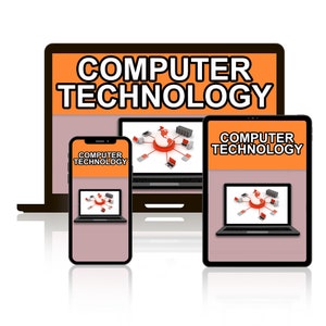 May include: Illustration of a computer network with a globe at the centre. The image is displayed on a laptop, tablet, and smartphone. Each device has the text "COMPUTER TECHNOLOGY" on the screen.