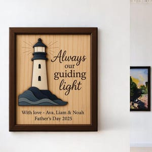 Custom 3D Wood Plaque for Dad – Personalized Father’s Day Gift from Kids w Heartfelt Message – Sentimental Dad Keepsake w Lighthouse Design