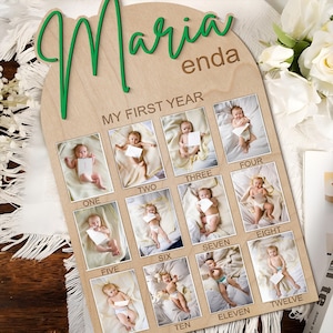 Tablero de fotos del primer cumpleaños, regalo personalizado para bebé, tablero de fotos del primer año, tablero de hitos mensuales, regalos para anunciar el nacimiento de un bebé