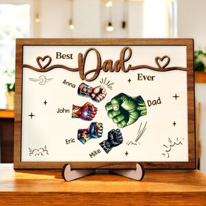 Superhero Dad Wooden Sign – Personalized Kids&#39; Names Gift for Dad, Best Dad Ever Father&#39;s Day Decor